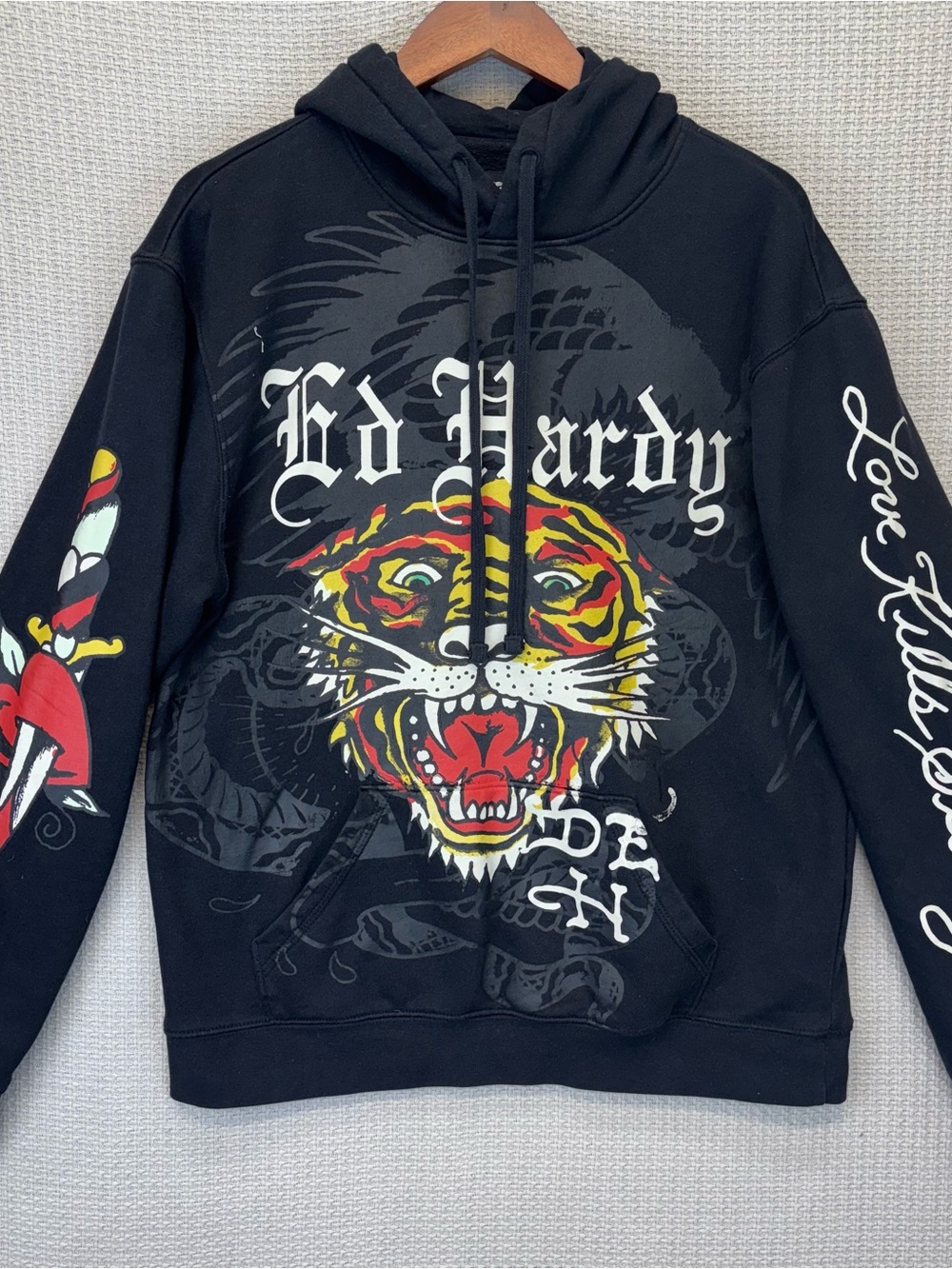 Vtg Ed Hardy Mens Tiger Dagger Black Hoodie Pullover Love Kills Slowly Med Y2K